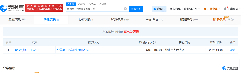 中国一汽关联企业被执行599万元 中国一汽关联企业被执行599万元